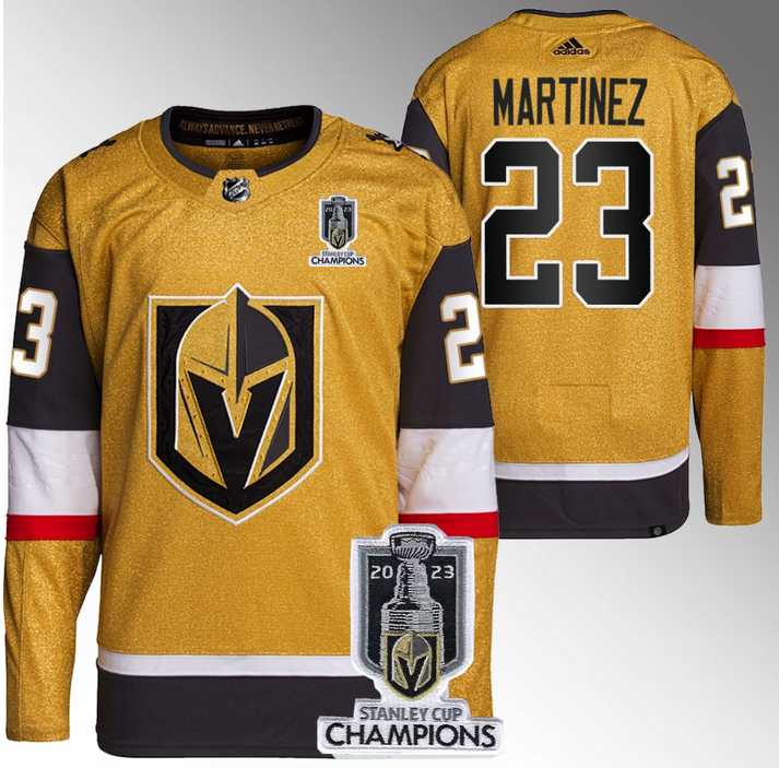 Mens Vegas Golden Knights #23 Alec Martinez Gold 2023 Stanley Cup Champions Stitched Jersey->vegas golden knights->NHL Jersey